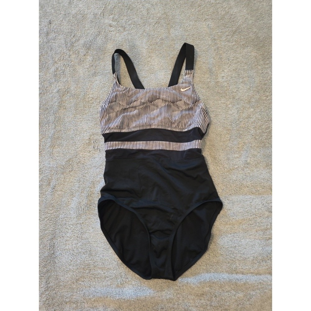 NIKE Swim V-Back Mesh One Piece Women's Swim Suit L Black/Striped Without Pads